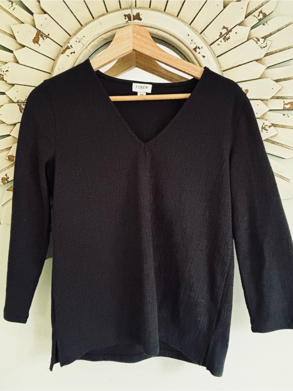 J. Crew Black V-Neck Long Sleeve Top - Textured Knit